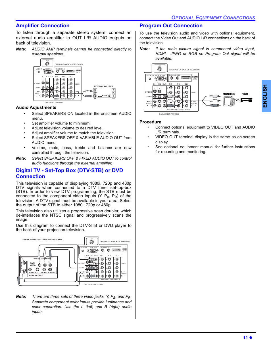 Amplifier connection, Digital tv -set-top box (dtv-stb) or dvd players, Program out connection | English amplifier connection, 11 z, Audio adjustments, Procedure, Ptional, Quipment, Onnections | Panasonic PT-50DL54X User Manual | Page 13 / 112