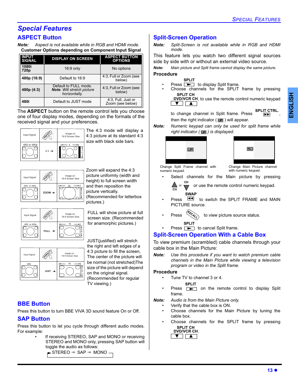 Special features, Aspect button, Bbe button | Sap button, Split screen operation, Split screen operation with cable box, English, Split-screen operation, Split-screen operation with a cable box | Panasonic PT-50DL54X User Manual | Page 15 / 112