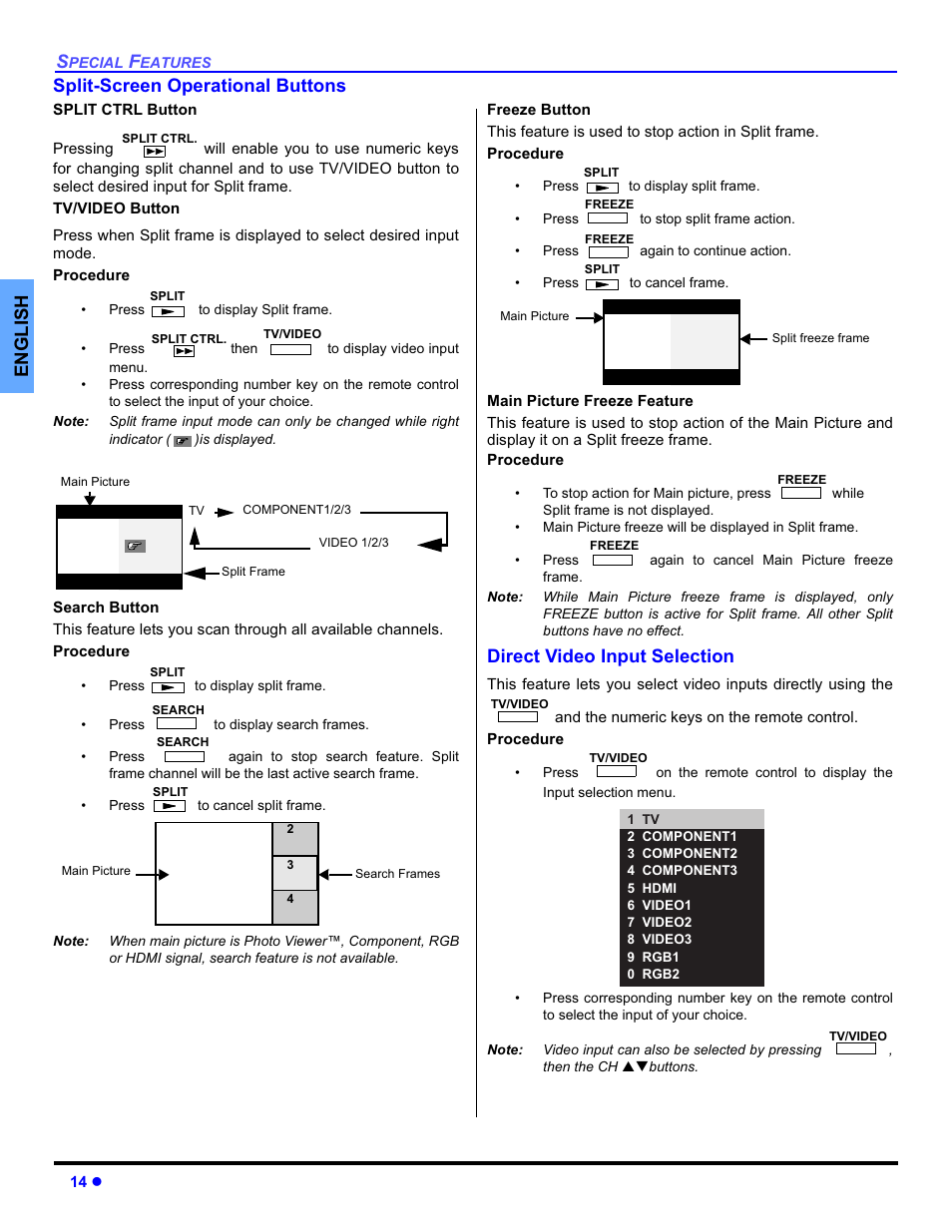Split screen operational buttons, Direct video input selection, English split-screen operational buttons | Panasonic PT-50DL54X User Manual | Page 16 / 112