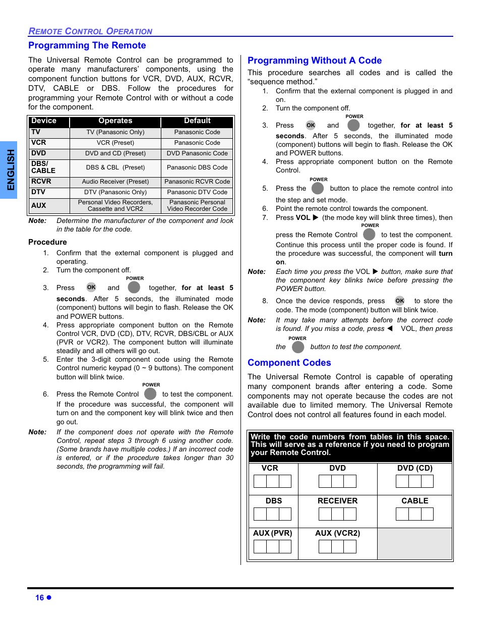 Programming the remote, Programming without a code, Component codes | English programming the remote | Panasonic PT-50DL54X User Manual | Page 18 / 112