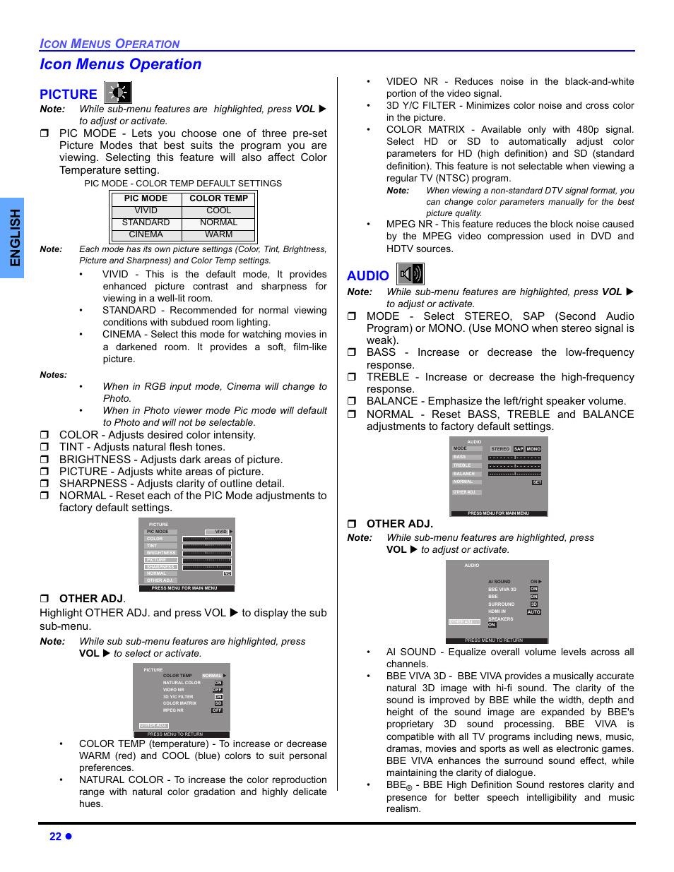 Icon menu operation, Icon menus operation, English | Picture, Audio, 22 z, Enus, Peration | Panasonic PT-50DL54X User Manual | Page 24 / 112