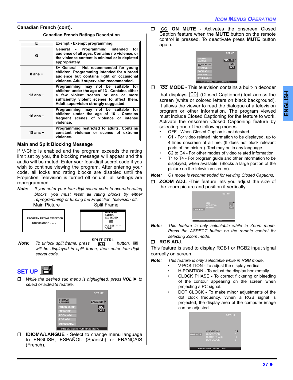 English, Set up, 27 z | Canadian french (cont), Main picture split frame | Panasonic PT-50DL54X User Manual | Page 29 / 112