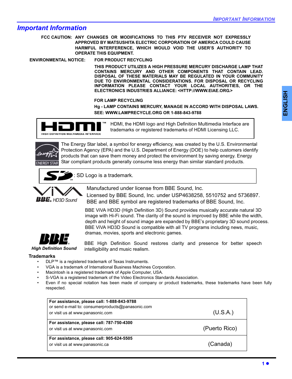 Important information | Panasonic PT-50DL54X User Manual | Page 3 / 112