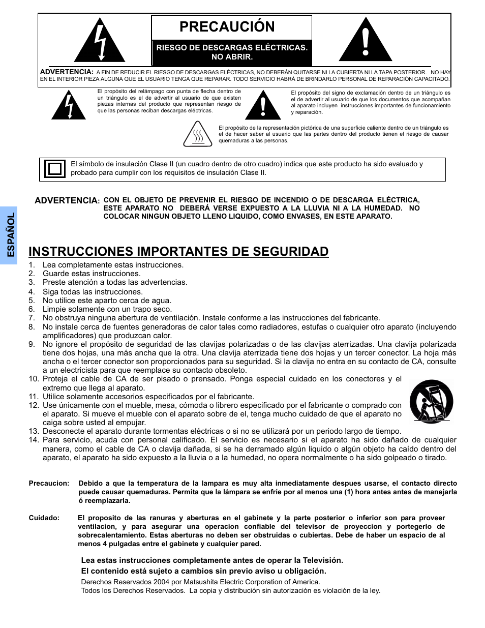 Precaución, Instrucciones importantes de seguridad | Panasonic PT-50DL54X User Manual | Page 38 / 112