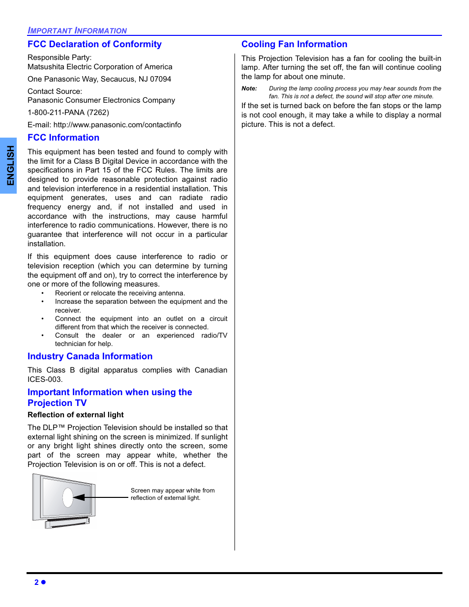 Fcc declaration of conformity, Fcc information, Reflection of external light | Cooling fan information | Panasonic PT-50DL54X User Manual | Page 4 / 112