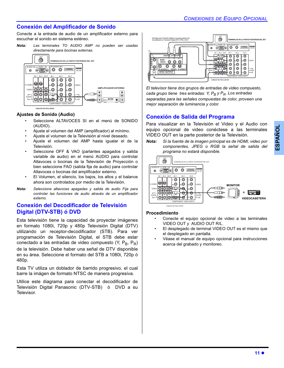 Esp añol conexión del amplificador de sonido, Conexión de salida del programa, 11 z | Ajustes de sonido (audio), Procedimiento, Onexiones de, Quipo, Pcional | Panasonic PT-50DL54X User Manual | Page 49 / 112