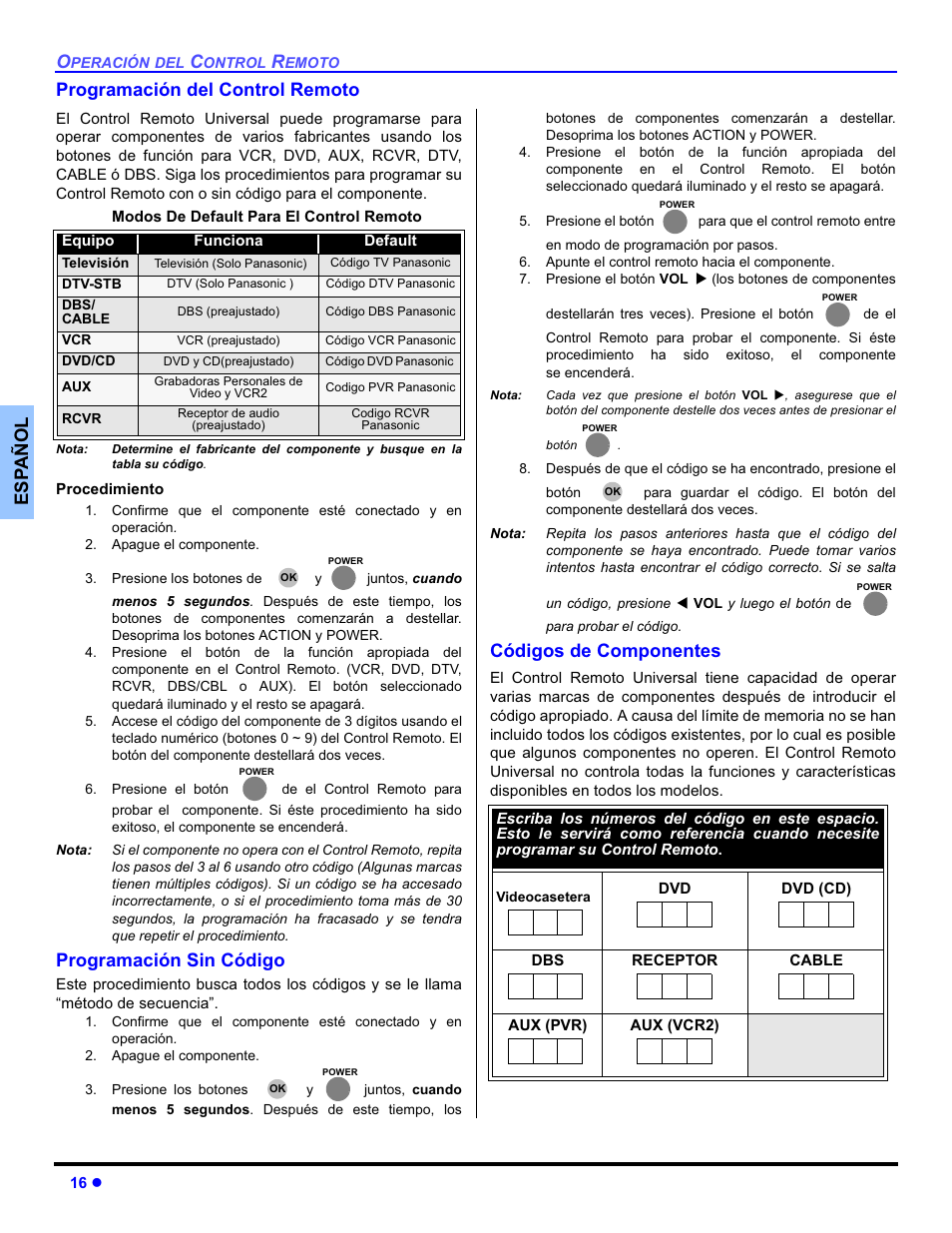 Esp añol programación del control remoto, Programación sin código, Códigos de componentes | Panasonic PT-50DL54X User Manual | Page 54 / 112
