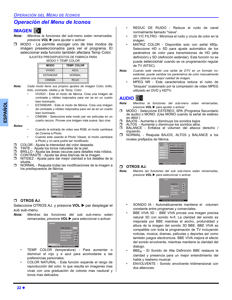 Operación del menu de iconos, Esp añol, Imagen | Audio, 22 z, Seleccionar, Otros aj | Panasonic PT-50DL54X User Manual | Page 60 / 112