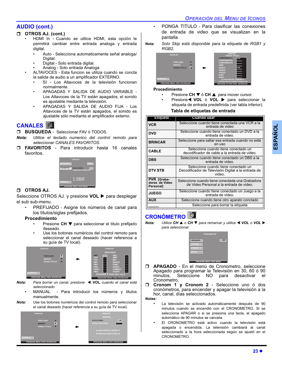 Esp añol audio (cont.), Canales, Cronómetro | 23 z, Otros aj. (cont.), Busqueda, Prefijado, Ponga titulo, Tabla de etiquetas de entrada | Panasonic PT-50DL54X User Manual | Page 61 / 112