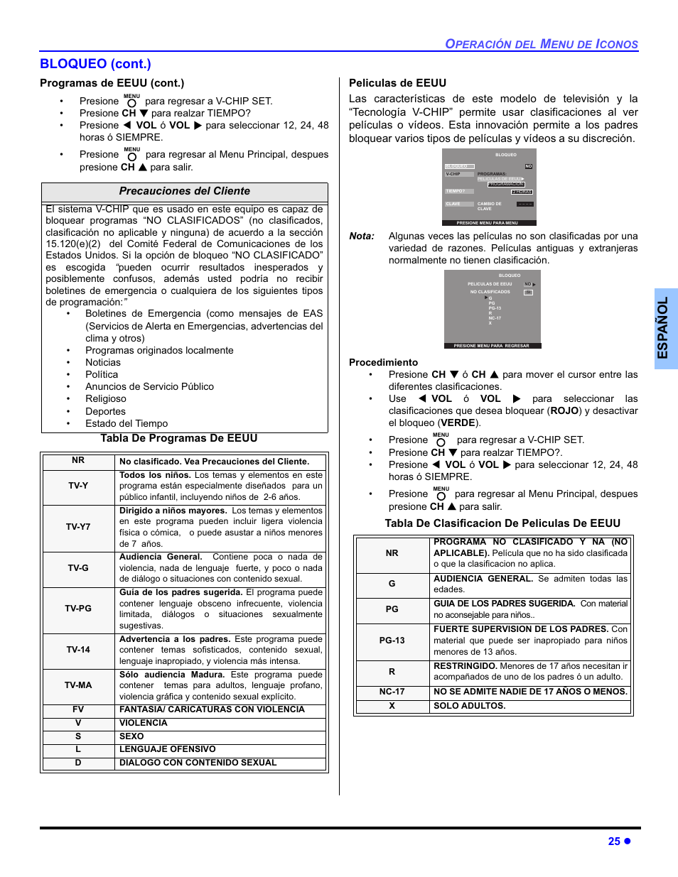 Esp añol bloqueo (cont.) | Panasonic PT-50DL54X User Manual | Page 63 / 112