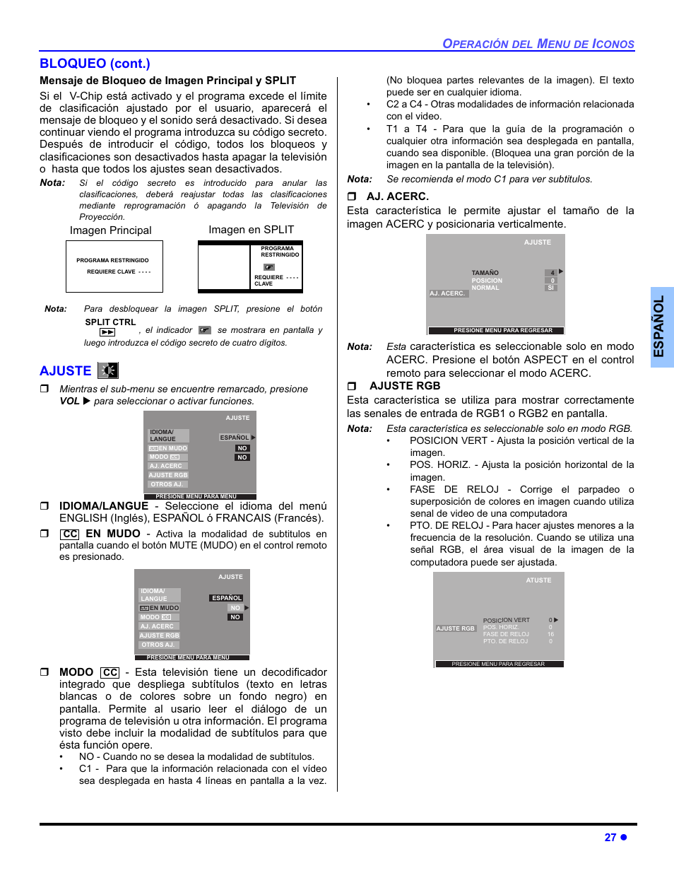 Esp añol bloqueo (cont.), Ajuste | Panasonic PT-50DL54X User Manual | Page 65 / 112