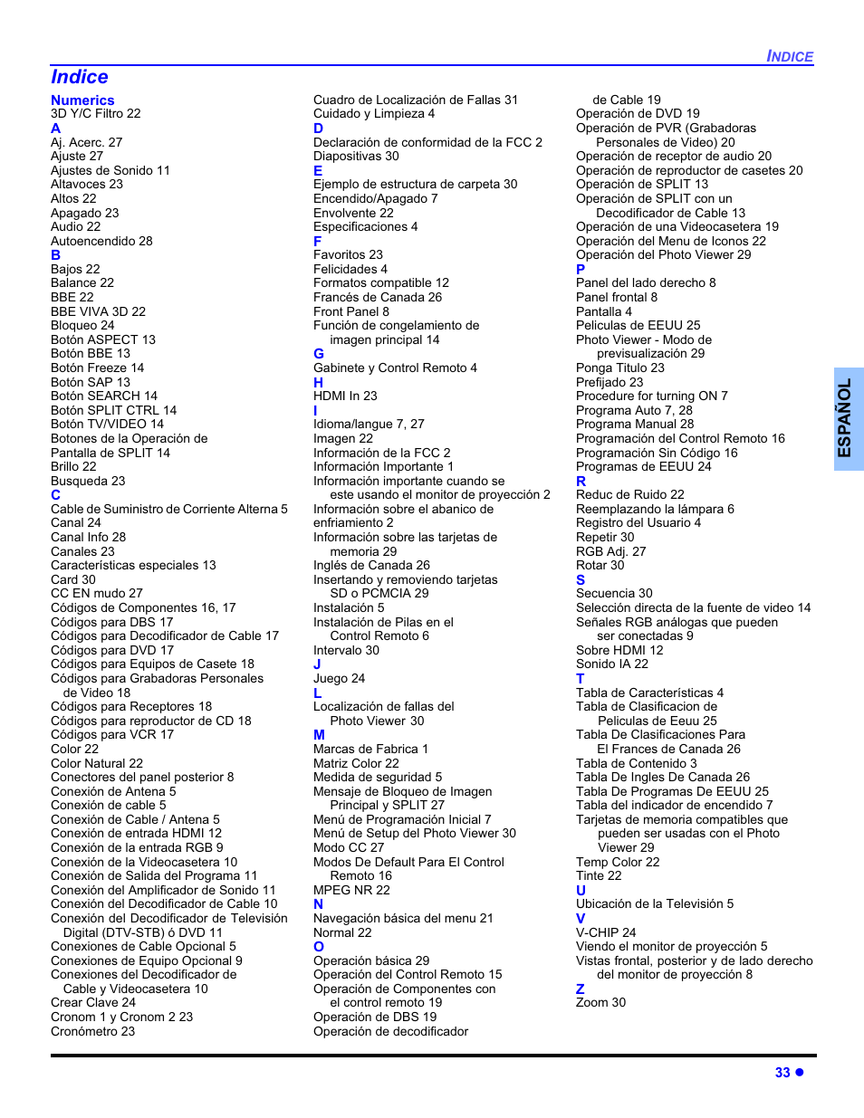 Indice, Esp añol | Panasonic PT-50DL54X User Manual | Page 71 / 112