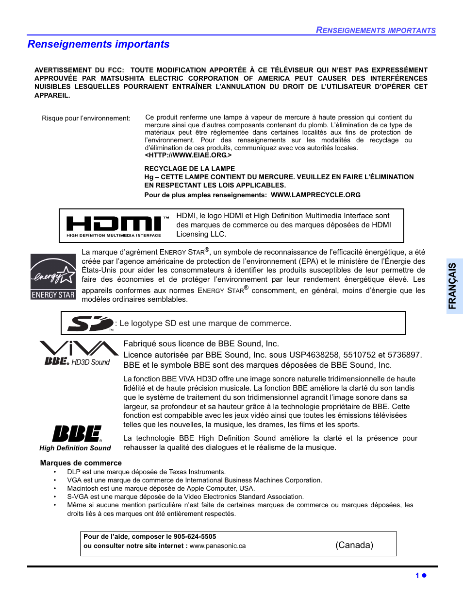 Renseignements importants, Français | Panasonic PT-50DL54X User Manual | Page 73 / 112