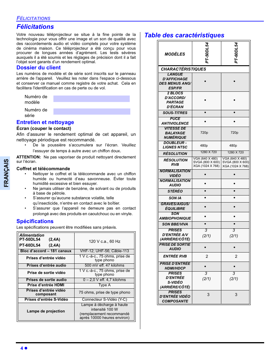 Félicitations, Table des caractéristiques, Français | Dossier du client, Entretien et nettoyage, Spécifications | Panasonic PT-50DL54X User Manual | Page 76 / 112