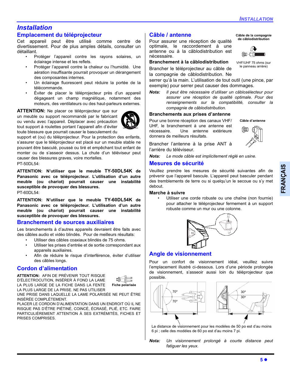 Installation, Français, Emplacement du téléprojecteur | Branchement de sources auxiliaires, Cordon d’alimentation, Câble / antenne, Mesures de sécurité, Angle de visionnement | Panasonic PT-50DL54X User Manual | Page 77 / 112