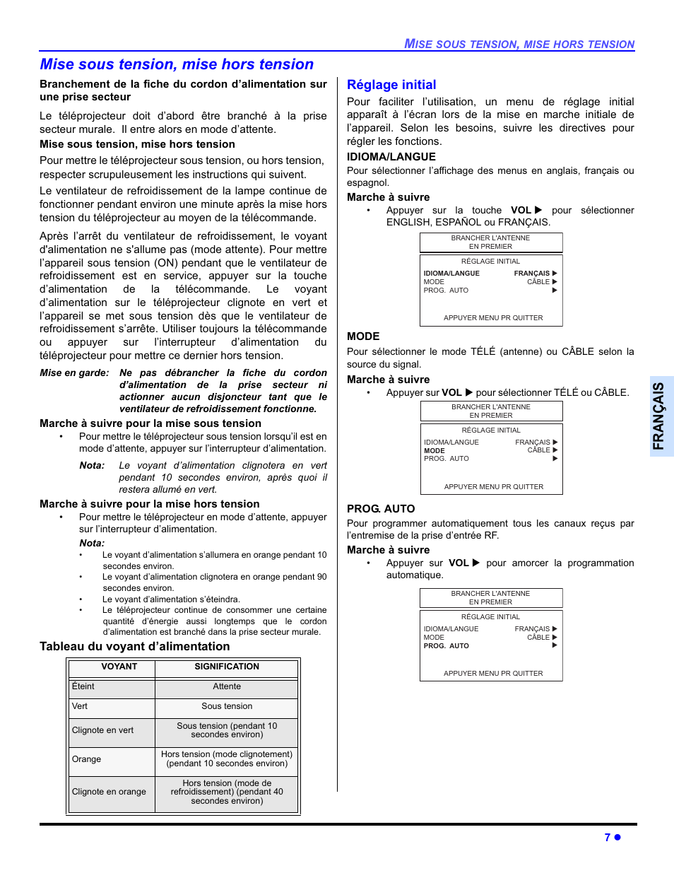 Mise sous tension, mise hors tension, Français, Réglage initial | Tableau du voyant d’alimentation | Panasonic PT-50DL54X User Manual | Page 79 / 112