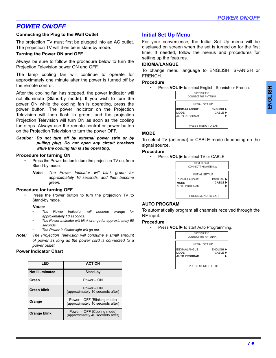 Power on / off, Connecting the plug to the wall, Turning the power on and off | Power indicator chart, Initial set up menu, Power on/off, English | Panasonic PT-50DL54X User Manual | Page 9 / 112
