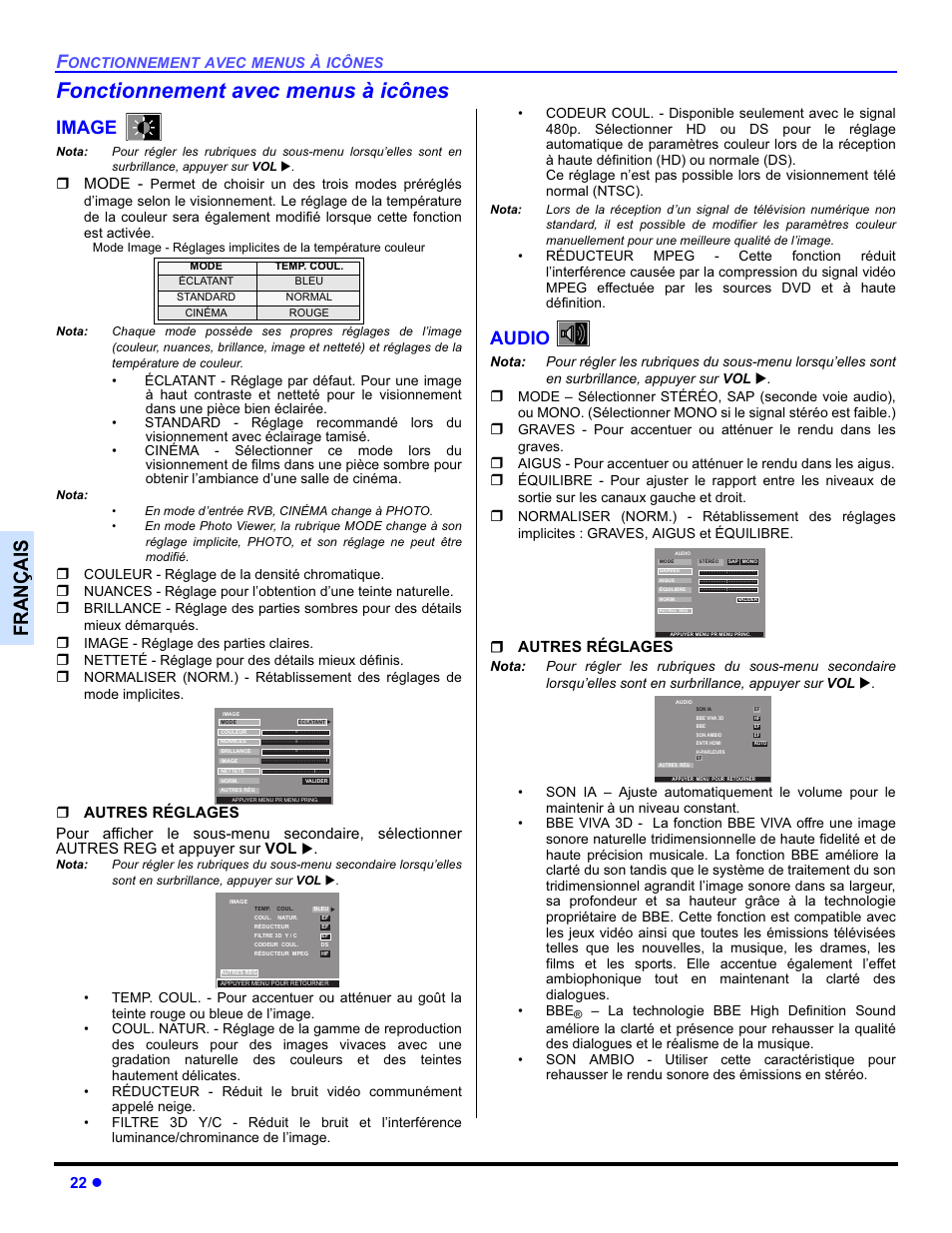 Fonctionnement avec menus à icônes, Français, Image | Audio, 22 z, Mode, Autres réglages, Onctionnement avec menus à icônes, Couleur - réglage de la densité chromatique, Image - réglage des parties claires | Panasonic PT-50DL54X User Manual | Page 94 / 112