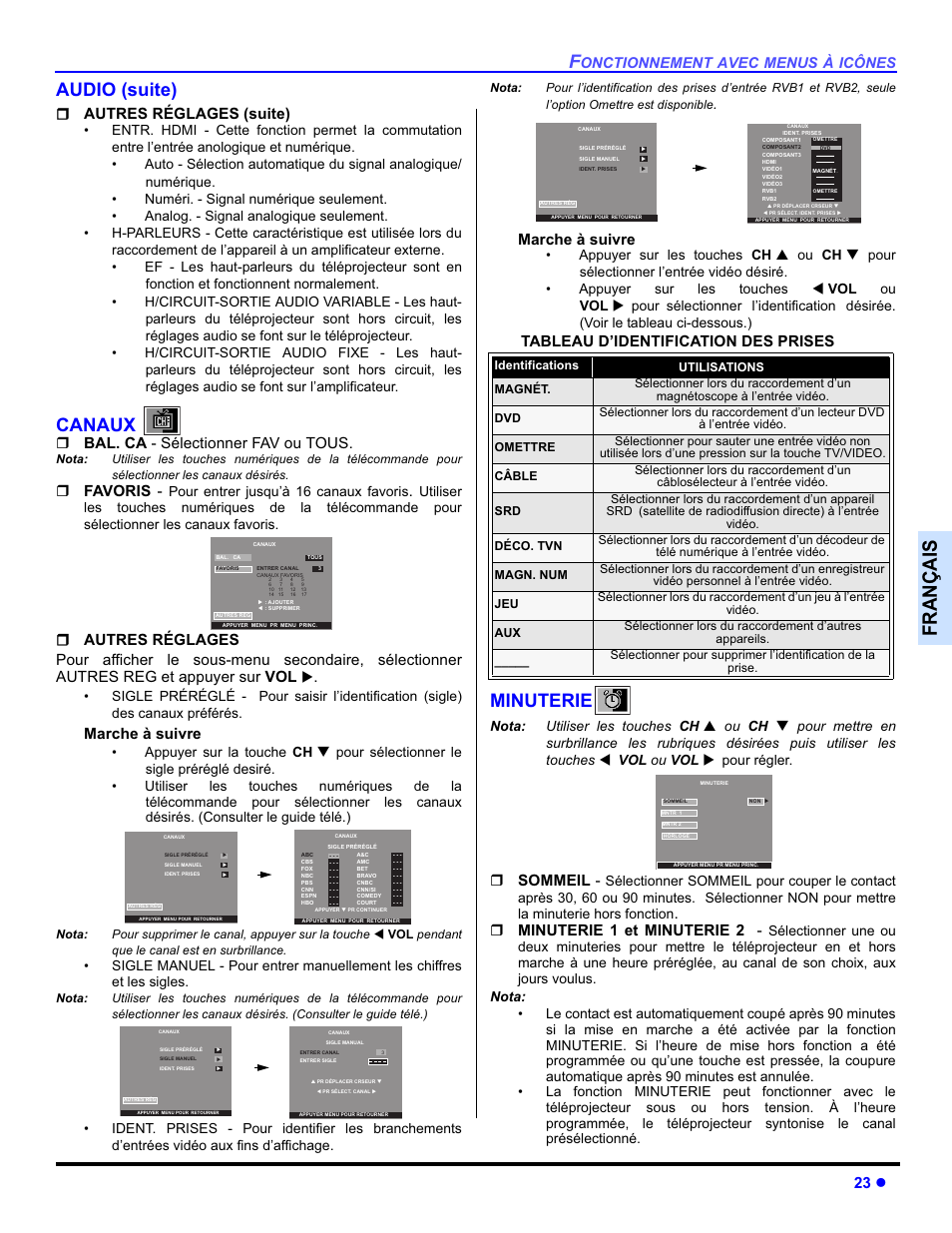 Français, Audio (suite), Canaux | Minuterie, 23 z, Autres réglages (suite), Bal. ca - sélectionner fav ou tous, Favoris, Marche à suivre, Sommeil | Panasonic PT-50DL54X User Manual | Page 95 / 112