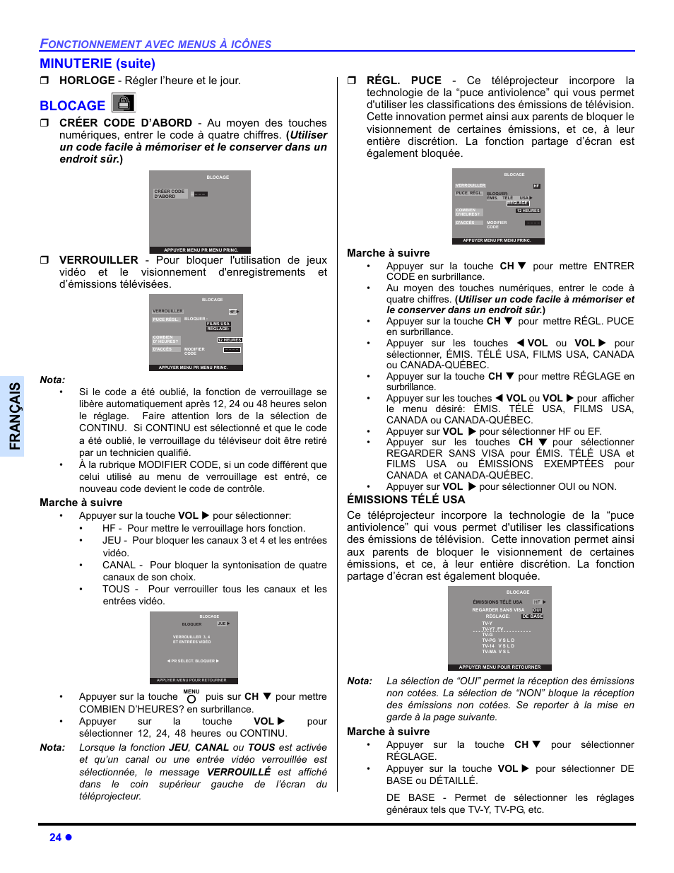 Français, Minuterie (suite), Blocage | 24 z, Horloge - régler l’heure et le jour, Marche à suivre | Panasonic PT-50DL54X User Manual | Page 96 / 112