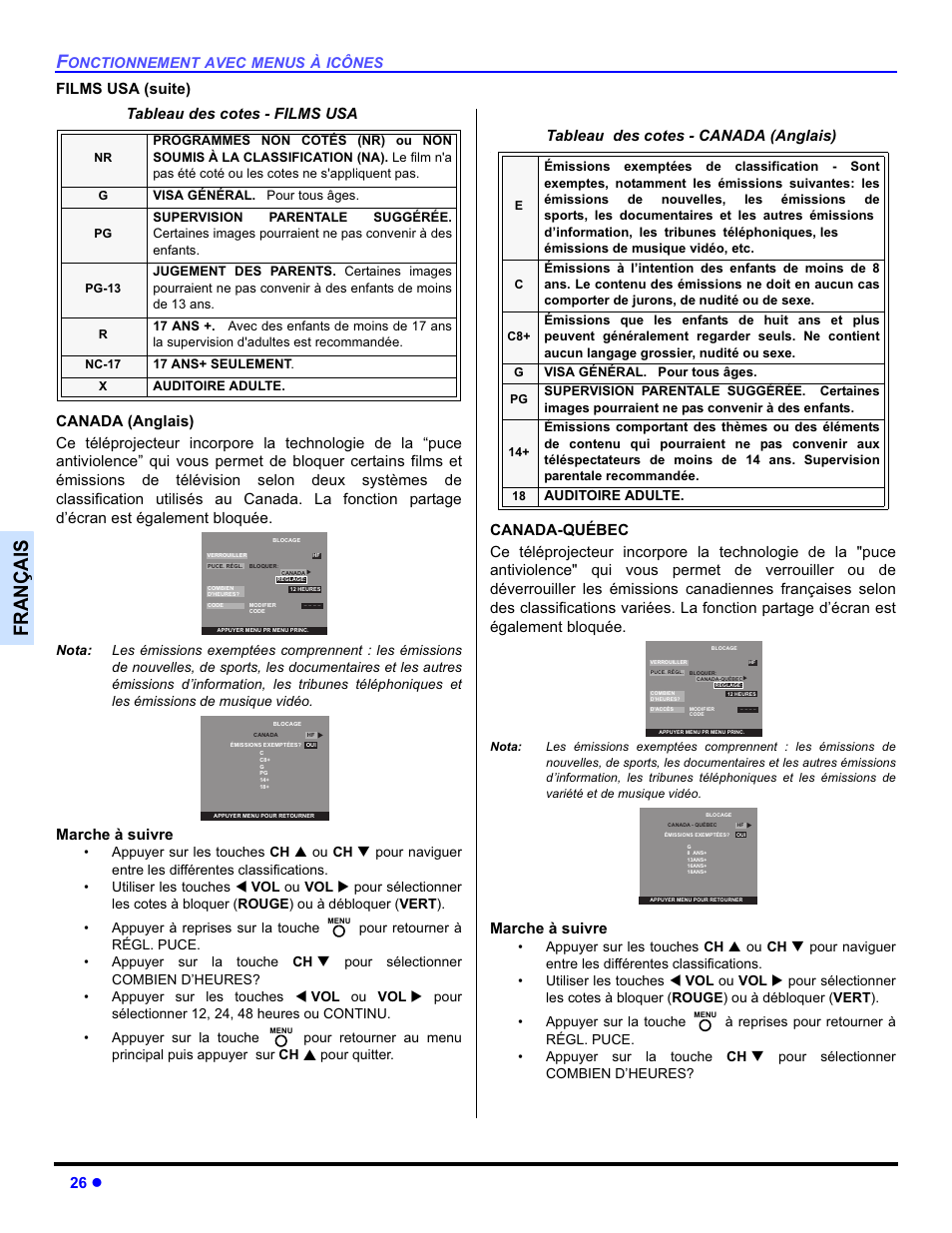Français, 26 z, Marche à suivre | Tableau des cotes - canada (anglais) | Panasonic PT-50DL54X User Manual | Page 98 / 112