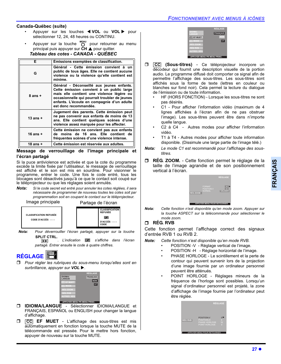 Français, Réglage, 27 z | Canada-québec (suite), Idioma/langue, Ef muet, Sous-titres), Image principale partage de l’écran | Panasonic PT-50DL54X User Manual | Page 99 / 112