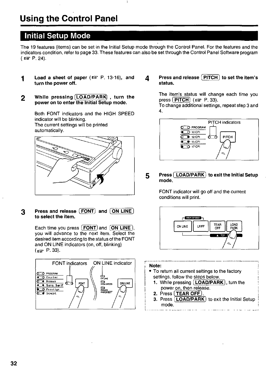 Initial setup mode, Using the control panel | Panasonic KX-P 1131 User Manual | Page 32 / 44