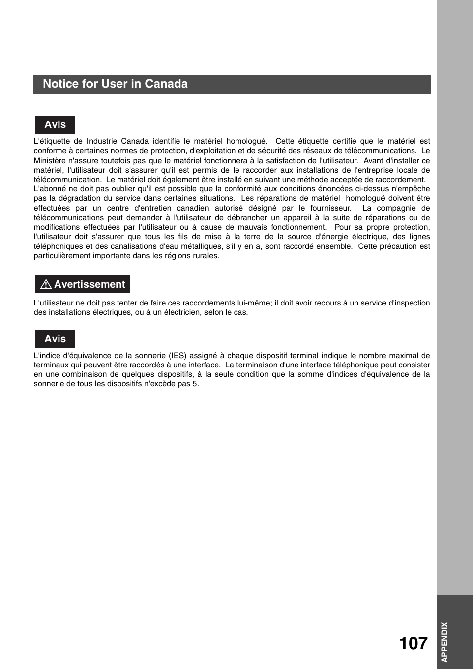 Appendix, Notice for user in canada | Panasonic DP-135FP User Manual | Page 107 / 114