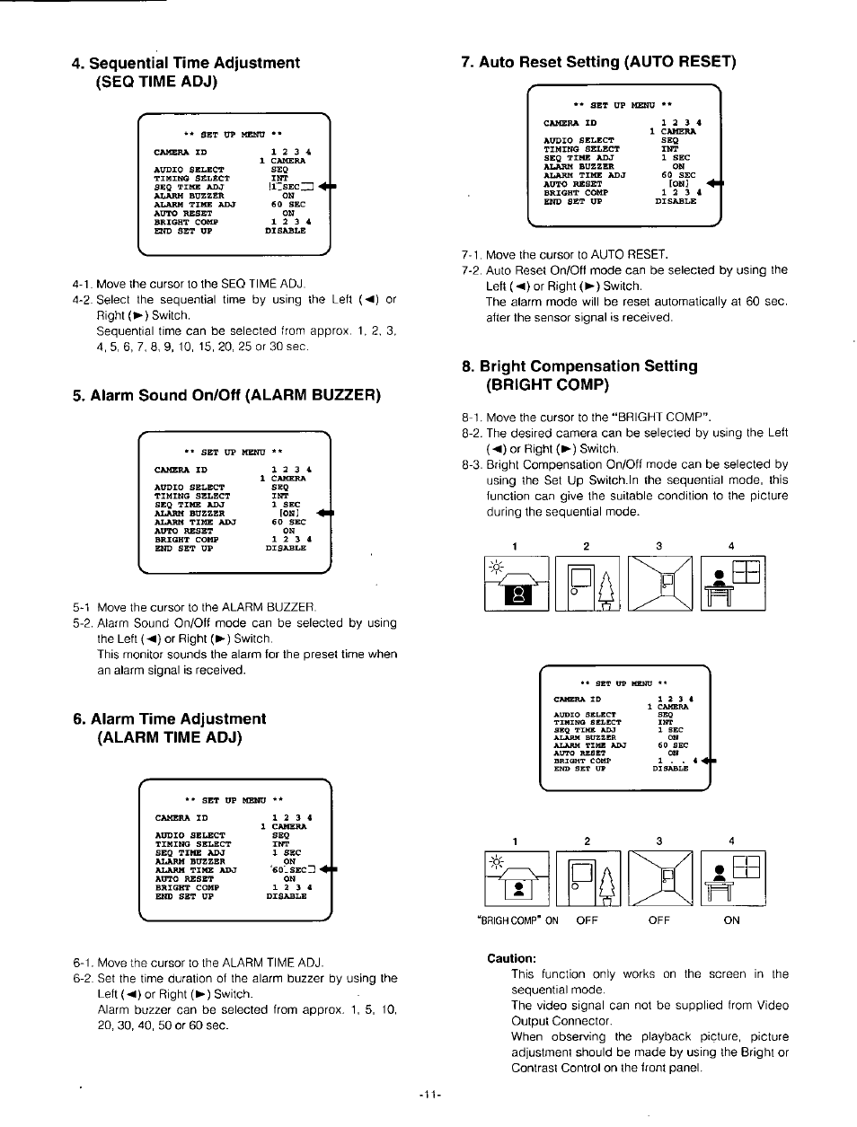 Sequential time adjustment (seq time adj), Alarm sound on/off (alarm buzzer), Bright compensation setting (bright comp) | Alarm time adjustment (alarm time adj) □ л, Auto reset setting (auto reset) | Panasonic WV-CM143 User Manual | Page 13 / 22