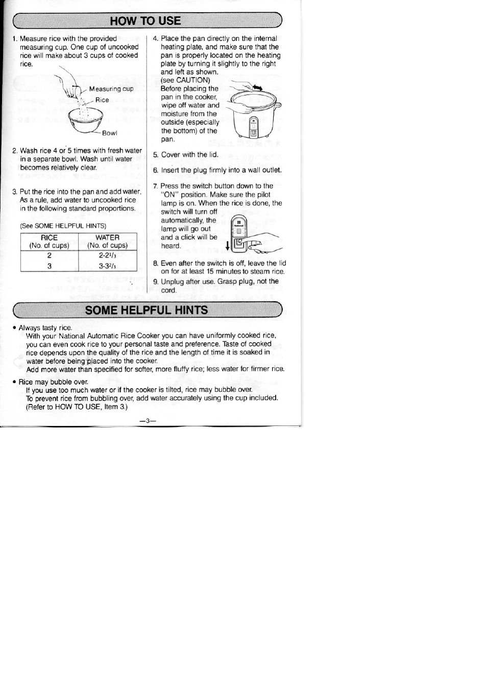 Some helpful hints, How to use | Panasonic RICE-O-MAT SR-3NA User Manual | Page 4 / 8