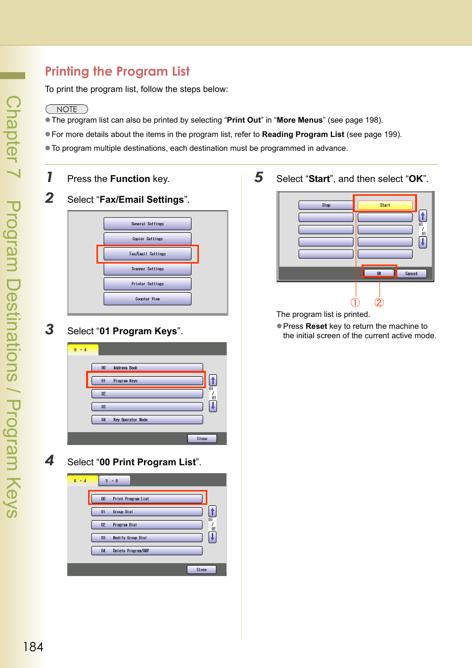 Printing the program list, Chapter 7 program de stinations / program keys | Panasonic DP-C354 User Manual | Page 184 / 220