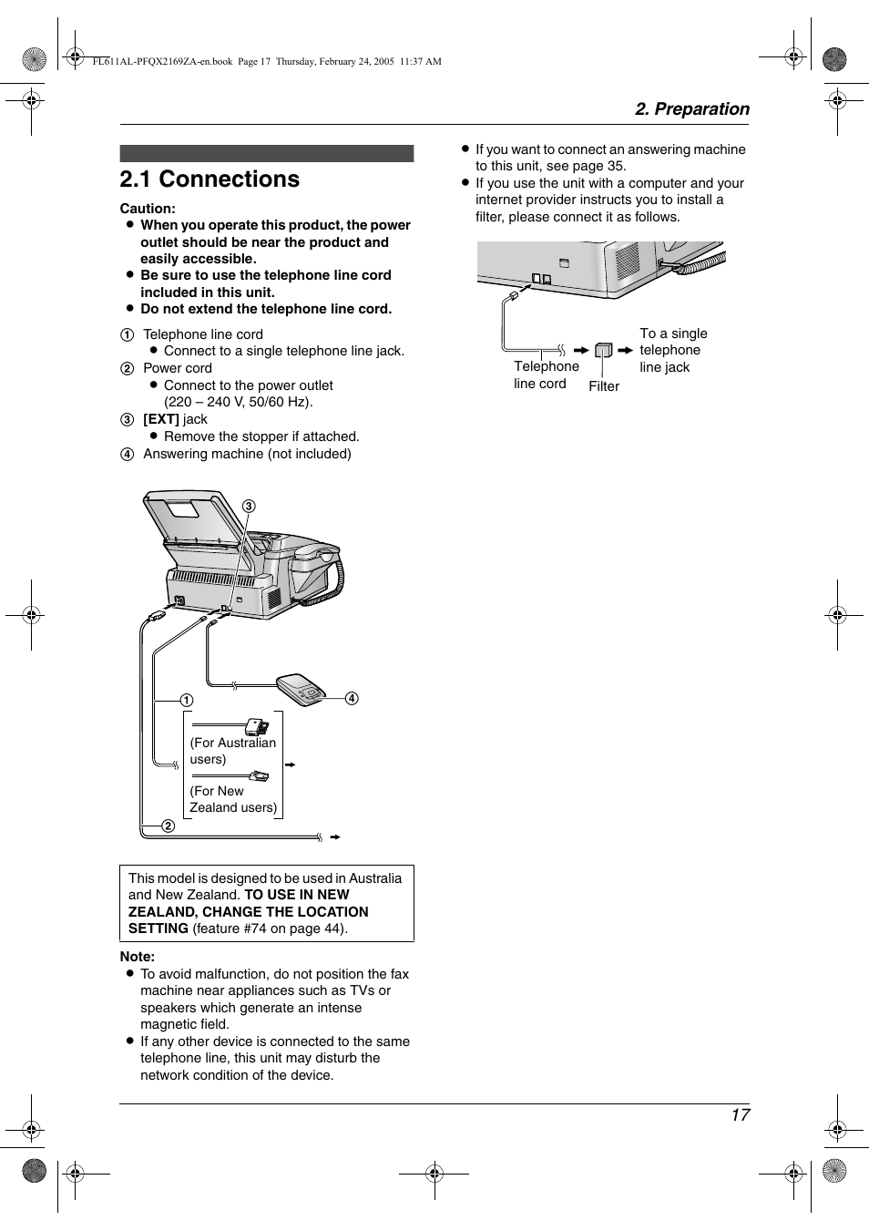 Preparation, Connections and setup, 1 connections | Connections, 1 connections, Preparation 17 | Panasonic KX-FL611AL User Manual | Page 19 / 70