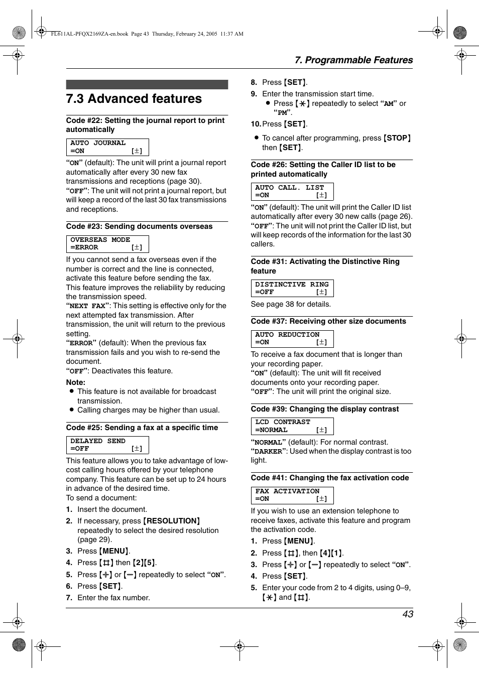 3 advanced features, Advanced features, 3 advanced features | Programmable features 43 | Panasonic KX-FL611AL User Manual | Page 45 / 70