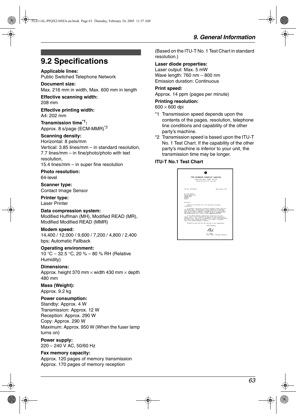 Specifications, 2 specifications, 2 specifications | General information 63 | Panasonic KX-FL611AL User Manual | Page 65 / 70