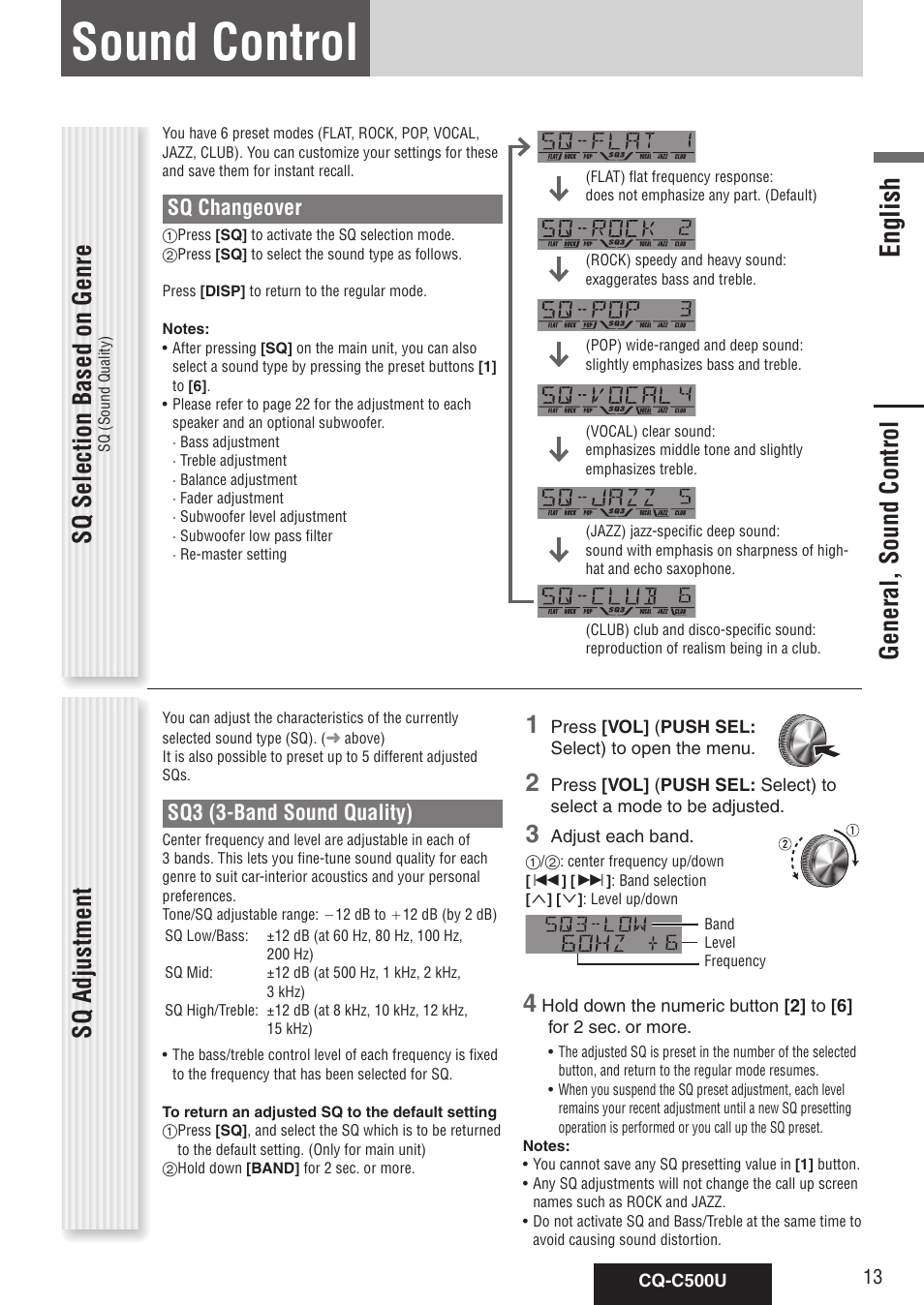 Sound control, English, General, sound control sq selection based on genre | Sq adjustment, Sq changeover, Sq3 (3-band sound quality) | Panasonic CQ-C500U User Manual | Page 13 / 88