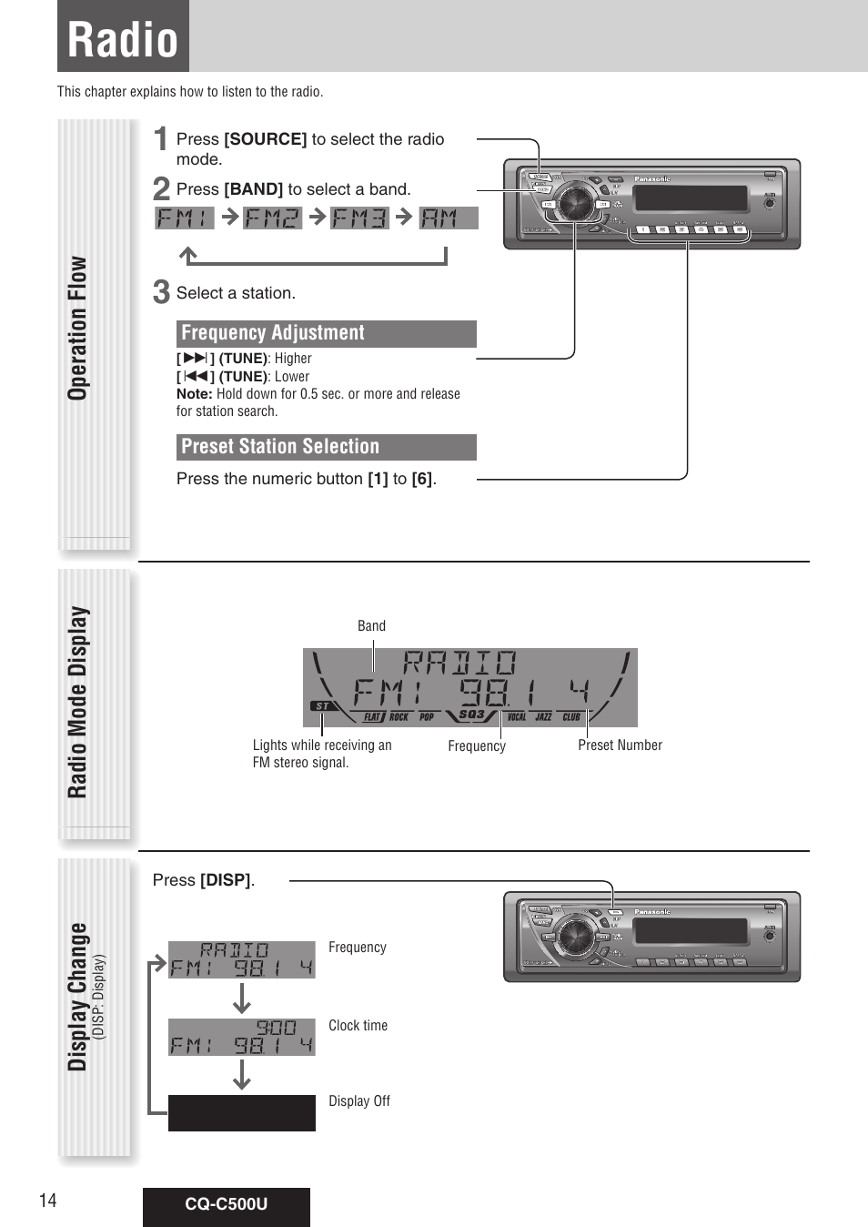 Each source, Radio, Operation flow radio mode display display change | Panasonic CQ-C500U User Manual | Page 14 / 88