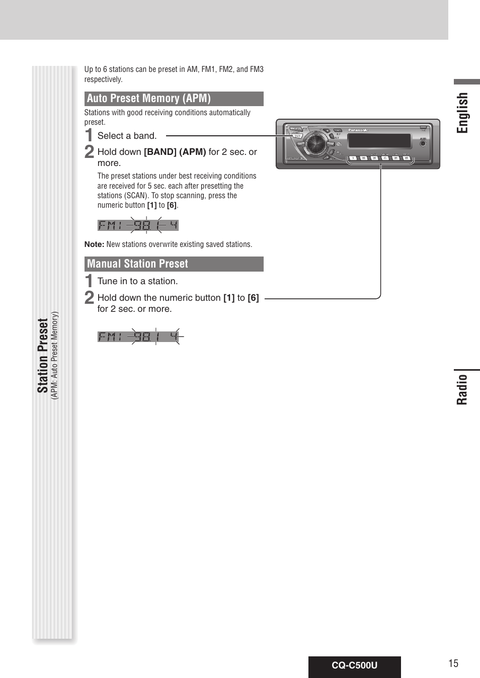 Radio, English | Panasonic CQ-C500U User Manual | Page 15 / 88