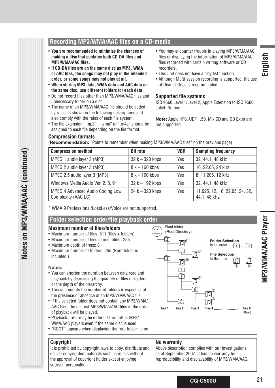 Mp3/wma/aac player, English, Recording mp3/wma/aac files on a cd-media | Folder selection order/file playback order | Panasonic CQ-C500U User Manual | Page 21 / 88
