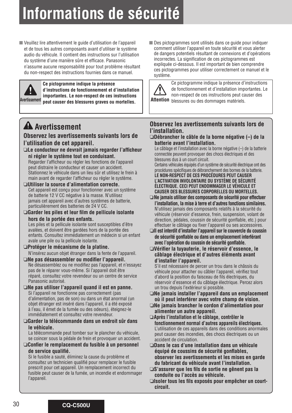 Informations de sécurité, Avertissement | Panasonic CQ-C500U User Manual | Page 30 / 88