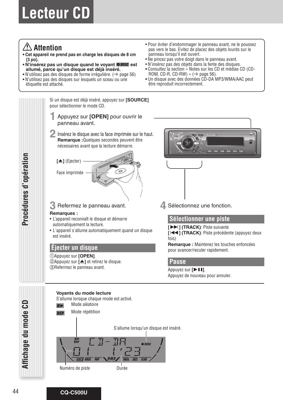Lecteur cd, Attention, Procédures d’opération | Affichage du mode cd, Sélectionner une piste, Pause, Éjecter un disque | Panasonic CQ-C500U User Manual | Page 44 / 88