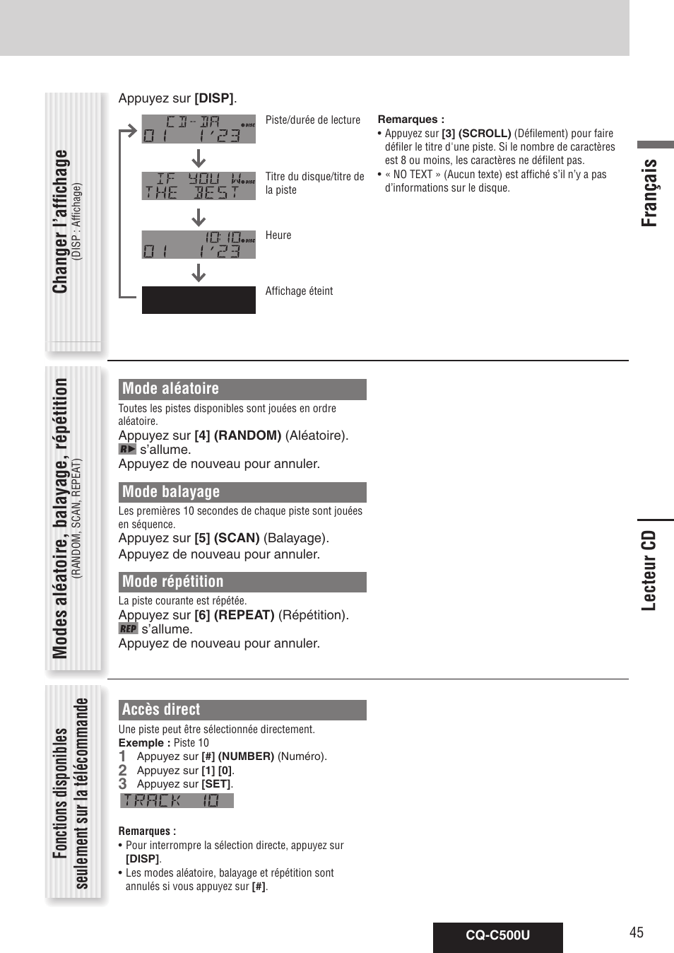 Français, Modes aléatoire, balayage, répétition, Lecteur cd | Changer l’affichage, Mode aléatoire, Mode balayage, Mode répétition, Accès direct | Panasonic CQ-C500U User Manual | Page 45 / 88