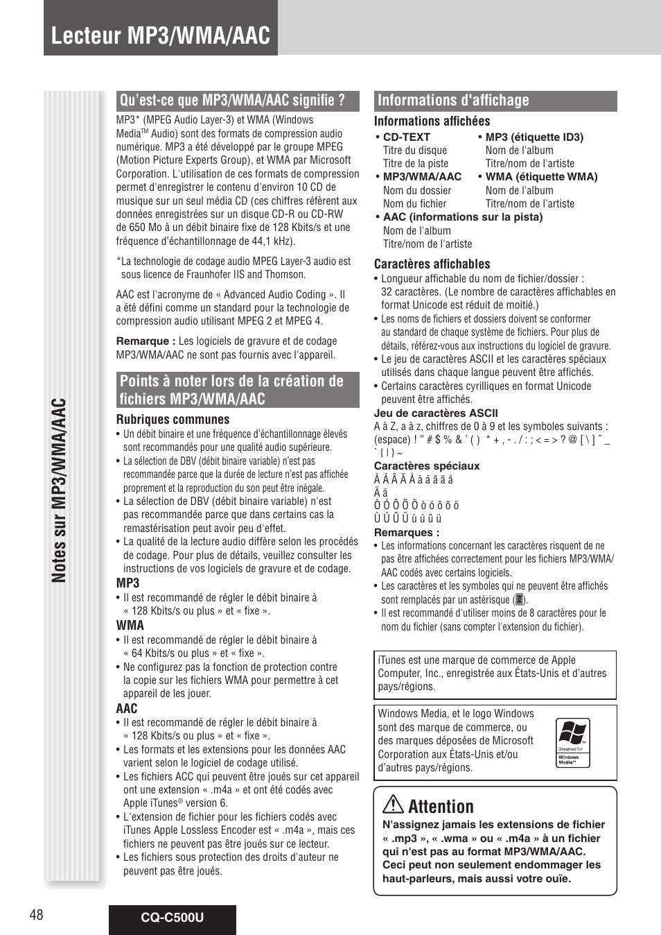 Lecteur mp3/wma/aac, Attention, Qu’est-ce que mp3/wma/aac signifie | Informations d'affichage | Panasonic CQ-C500U User Manual | Page 48 / 88