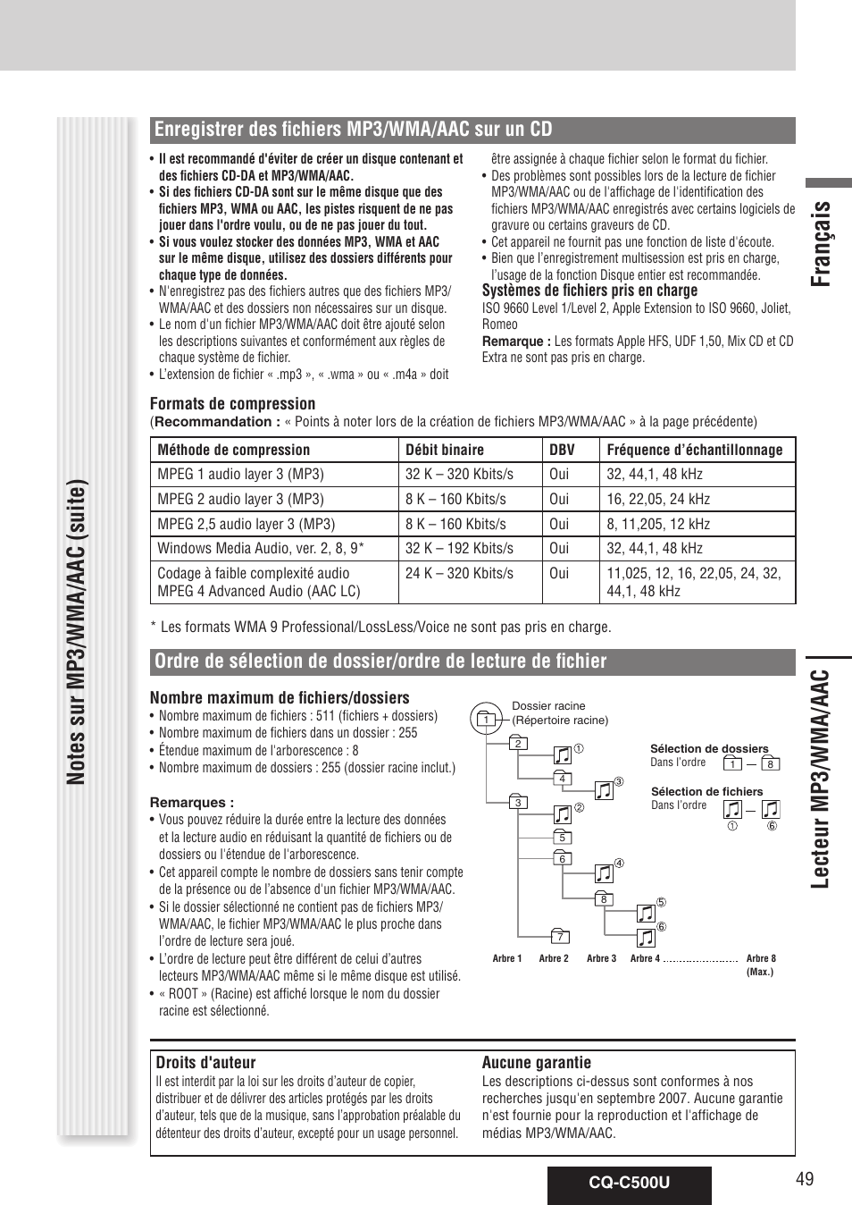 Lecteur mp3/wma/aac, Français, Enregistrer des fichiers mp3/wma/aac sur un cd | Panasonic CQ-C500U User Manual | Page 49 / 88