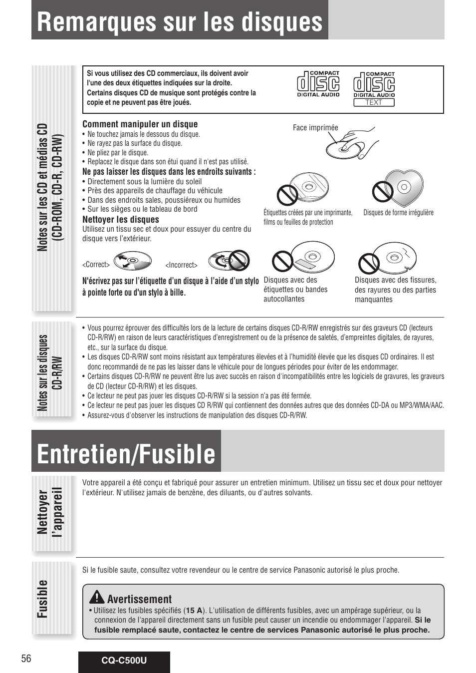 Remarques sur les disques, Entretien/fusible, Nettoyer l’appareil | Fusible, Avertissement | Panasonic CQ-C500U User Manual | Page 56 / 88