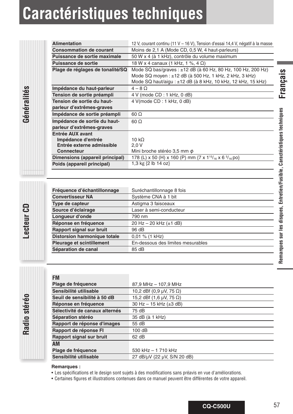 Caractéristiques techniques, Français, Généralités lecteur cd | Radio stéréo | Panasonic CQ-C500U User Manual | Page 57 / 88