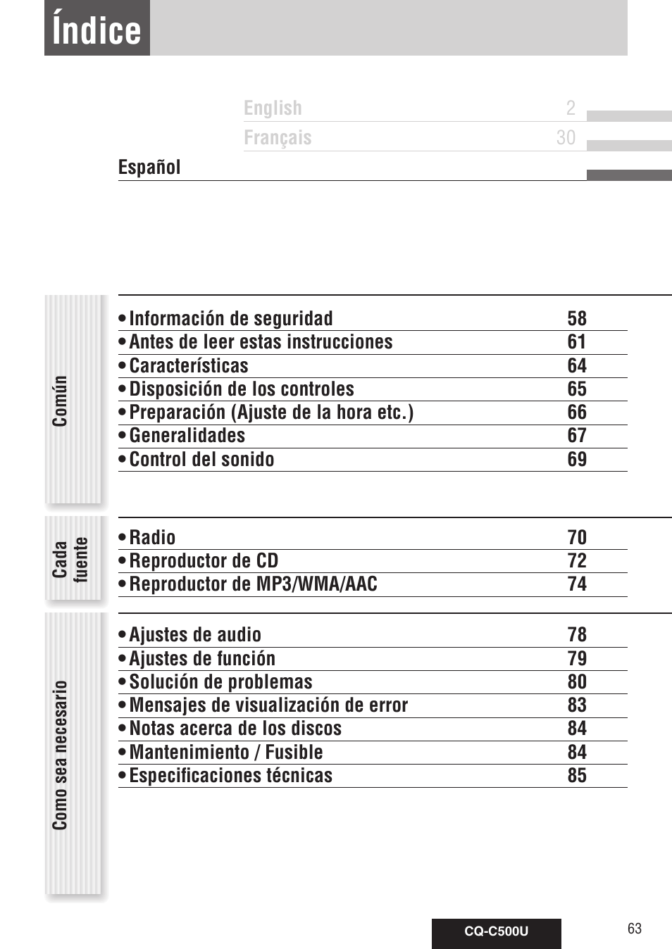 Índice | Panasonic CQ-C500U User Manual | Page 63 / 88