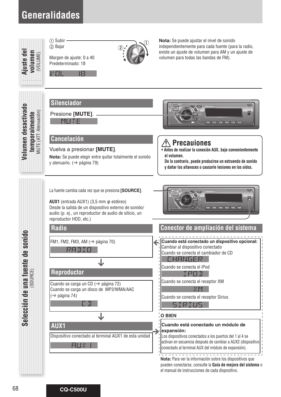 Generalidades, Selección de una fuente de sonido, Precauiones | Silenciador, Cancelación, Ajuste del volumen, Volumen desactivado temporalmente, Radio, Reproductor, Aux1 | Panasonic CQ-C500U User Manual | Page 68 / 88