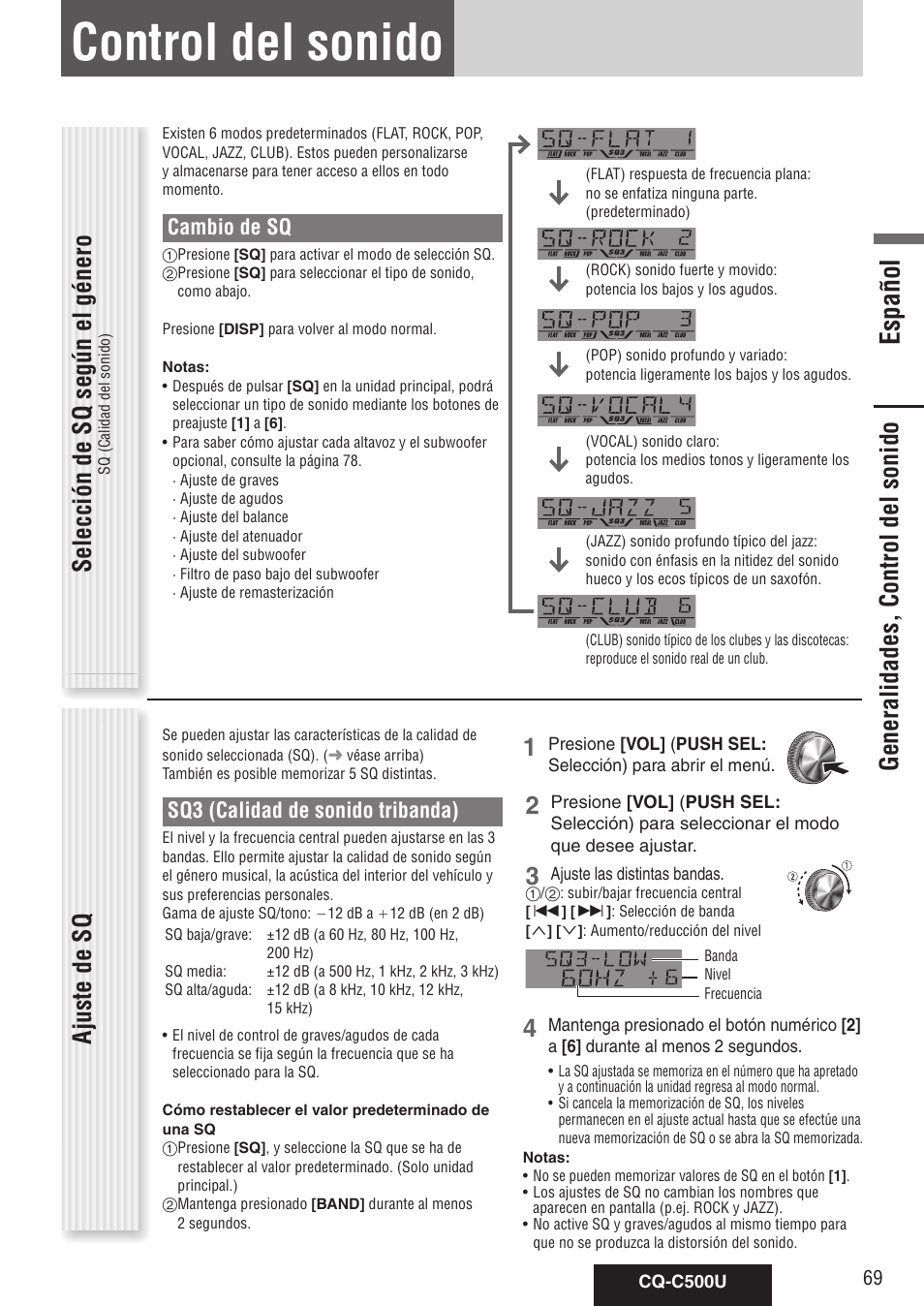 Control del sonido, Español, Ajuste de sq | Cambio de sq, Sq3 (calidad de sonido tribanda) | Panasonic CQ-C500U User Manual | Page 69 / 88