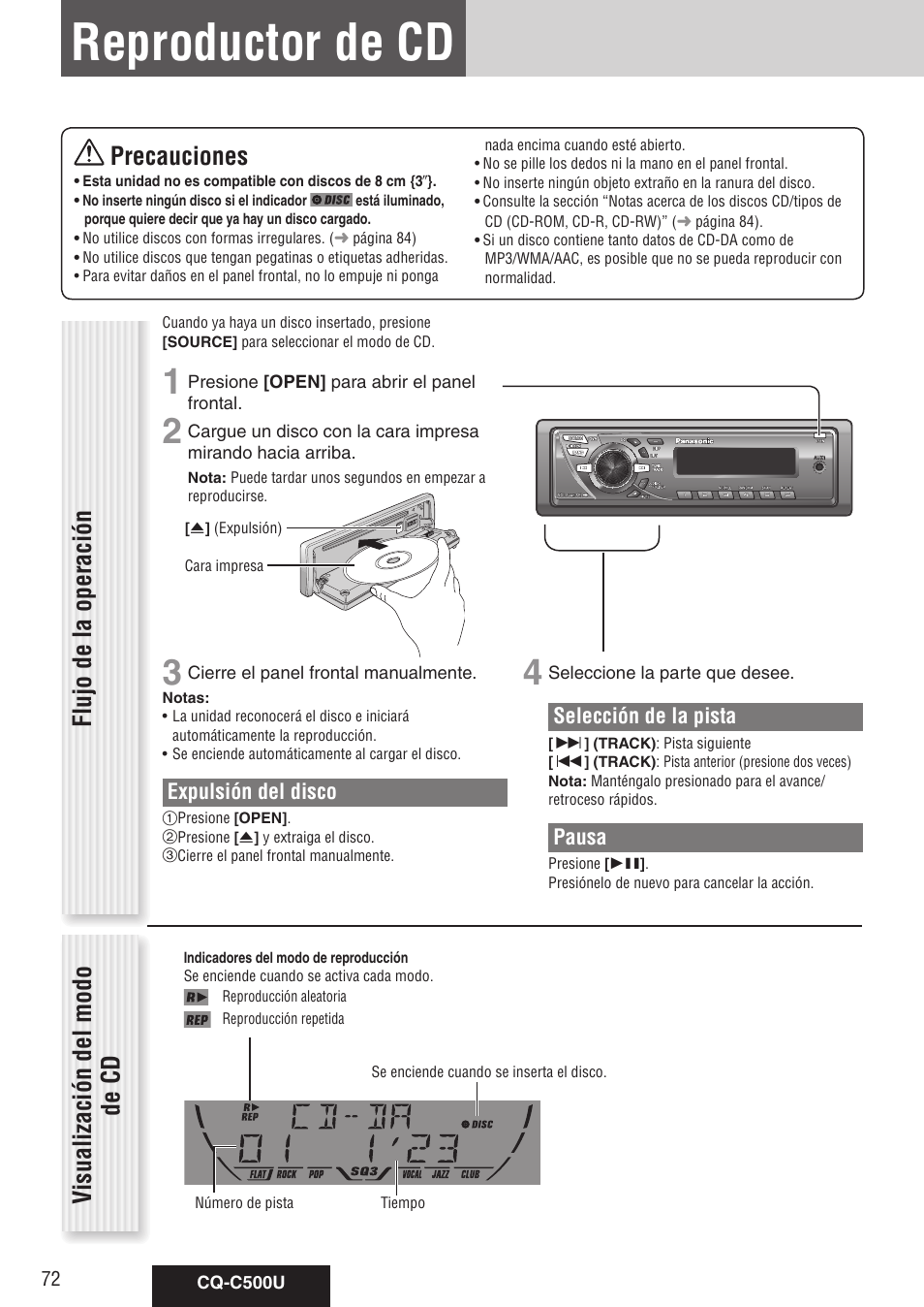 Reproductor de cd, Precauciones, Flujo de la operación | Visualización del modo de cd | Panasonic CQ-C500U User Manual | Page 72 / 88