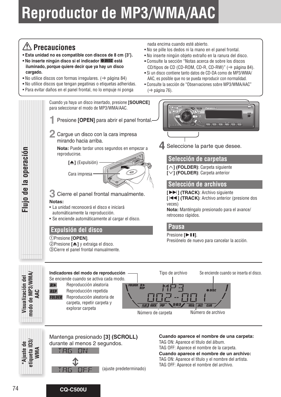 Reproductor de mp3/wma/aac, Flujo de la operación, Precauciones | Selección de carpetas, Selección de archivos, Pausa, Expulsión del disco | Panasonic CQ-C500U User Manual | Page 74 / 88